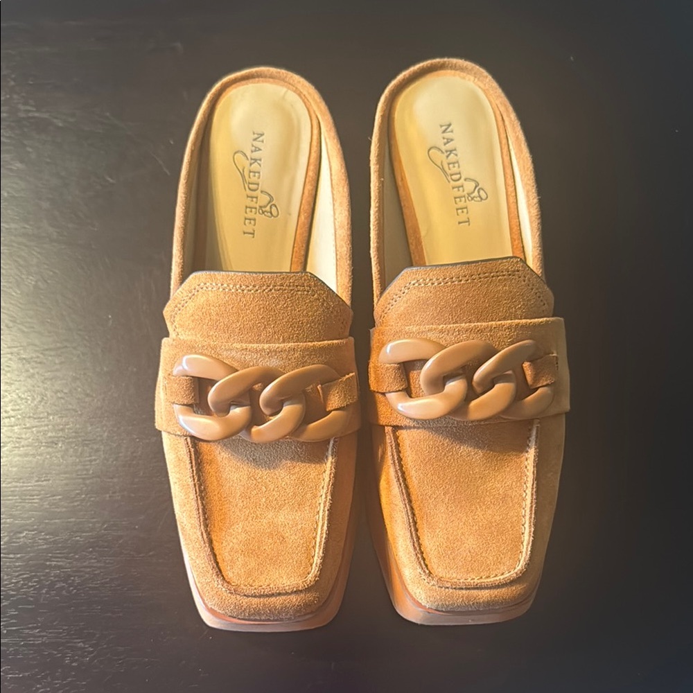 Naked Feet Tan Suede Chain-Accent Flats- Worn Once!